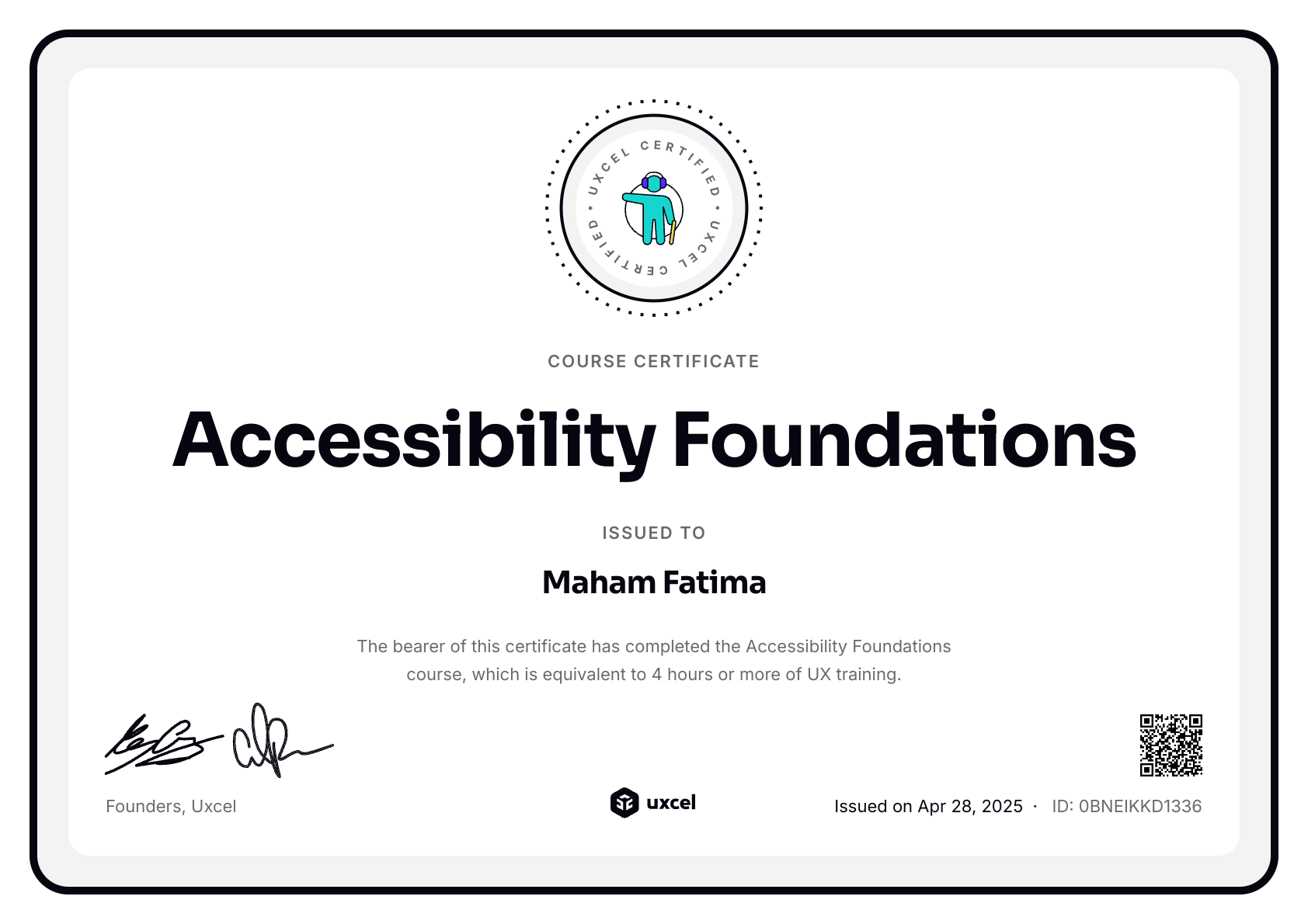 Maham Fatima's certificate